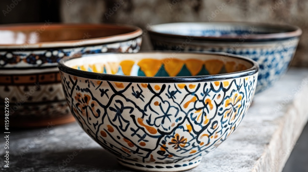 Poster colorful decorative bowls on rustic surface with intricate patterns