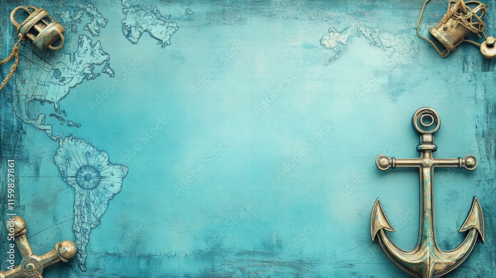 Leinwandbilder Nautical map with anchor and decorative elements on teal background featuring ample space for text. Generative AI