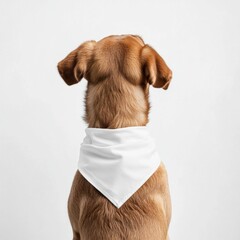 Golden dog wearing white bandana looking away on light background