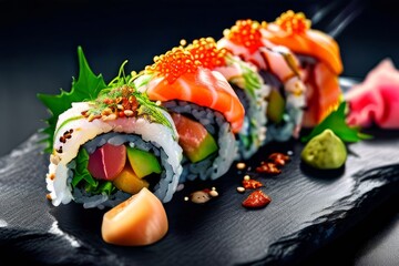 Exquisite sushi rolls topped with salmon, garnished with herbs and spices. Captivating image for food enthusiasts, chefs, and online platforms focusing on gourmet dining experiences.