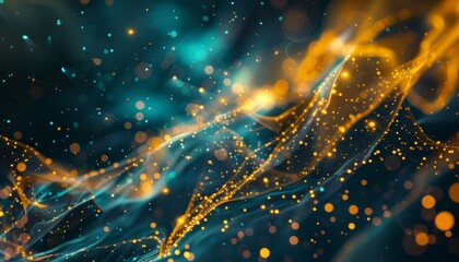 Close-up illustration of a workflow being optimized, conexions, neon, webflows, yellow gold palette mixed to blue palette