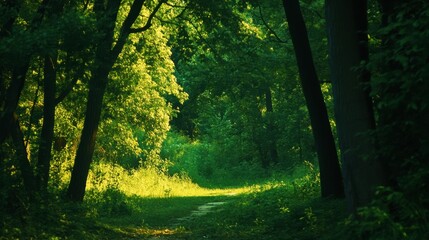 Obraz premium Lush Green Pathway in Vibrant Forest Light