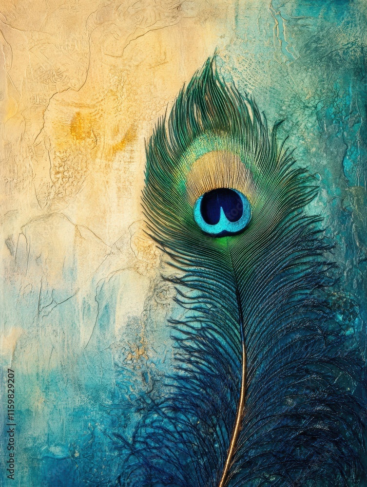 Aufkleber intricate textures of a peacock feather against a colorful background with room for text. generative
