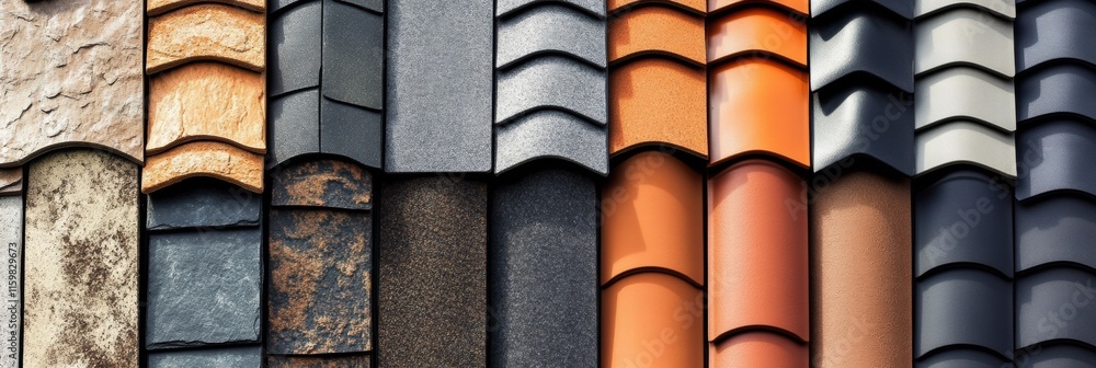 Poster variety of roofing materials showcasing textures and colors in a comprehensive collage format. gener