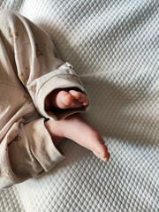 Close-up of a newborn baby's feet resting in a cocoon
