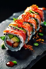 Exquisite sushi rolls topped with salmon, garnished with herbs and spices. Captivating image for food enthusiasts, chefs, and online platforms focusing on gourmet dining experiences.