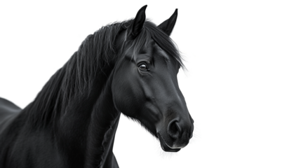 Close-up portrait of a black horse isolated on a transparent background. PNG file.