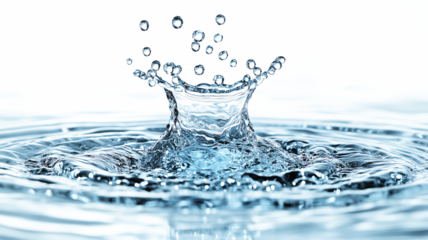 Water crown splash with detailed droplets and ripples on a reflective surface, set against a transparent background