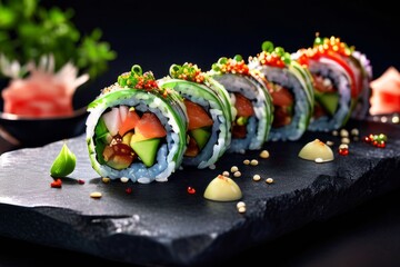 Exquisite sushi rolls topped with salmon, garnished with herbs and spices. Captivating image for food enthusiasts, chefs, and online platforms focusing on gourmet dining experiences.