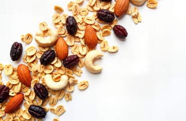 Fototapeta premium Healthy breakfast mix of granola flakes nuts raisins, cashews. Tasty, crunchy. Perfect for quick, healthy snack. Mix of oats raisins, nuts. Good source of fiber, protein. Great for breakfast healthy