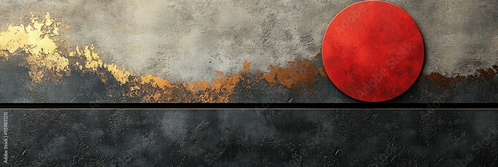 Poster abstract design featuring a red circle and textured background with gold accents.