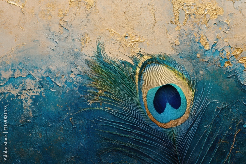 Fototapete close up view of a peacock feather showcasing intricate textures and vibrant colors against a textur