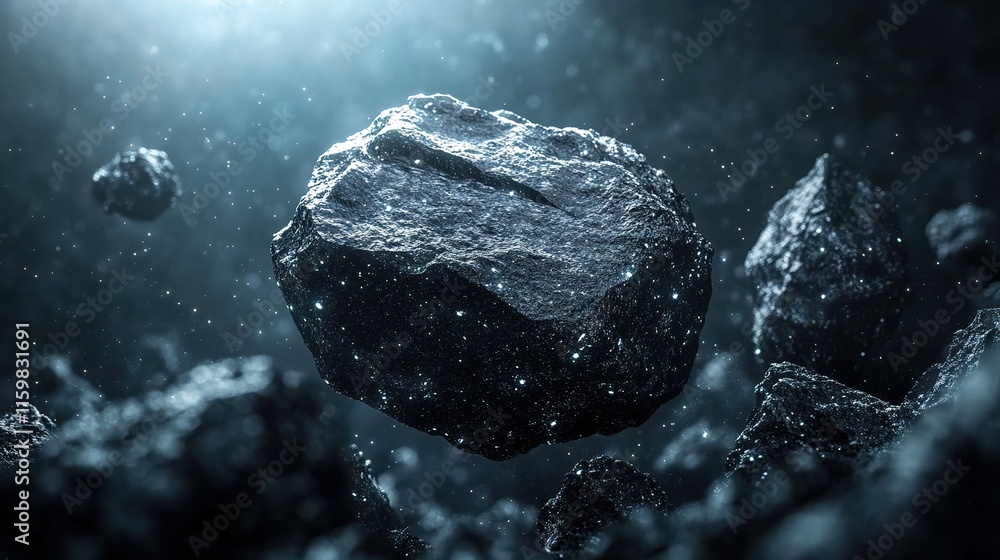 Poster floating asteroids in deep space science visualization cosmic environment high-detail imagery