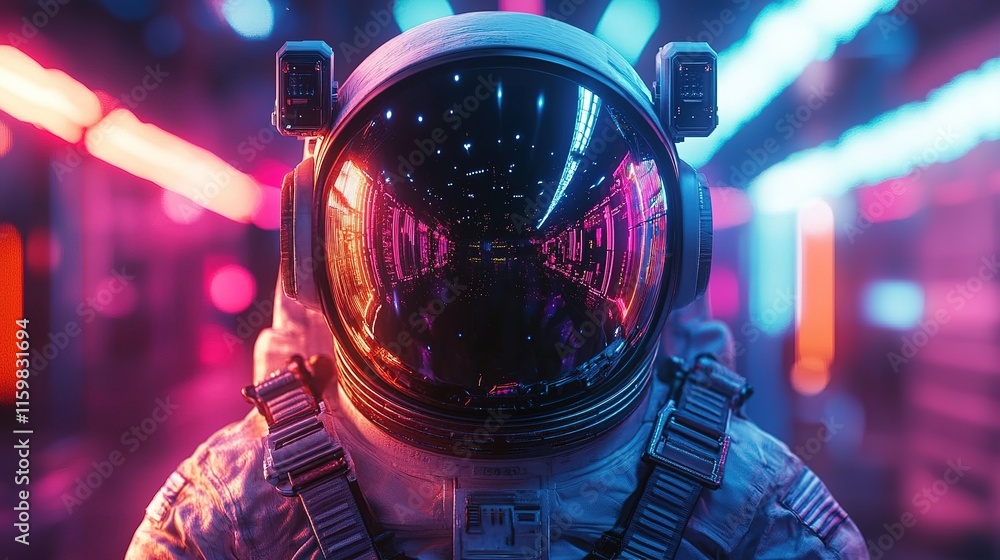 Poster exploring astronaut technology in a futuristic setting digital art space vibrant colors close-up vie