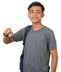 College student very happy and excited doing winner gesture with arms raised on white background