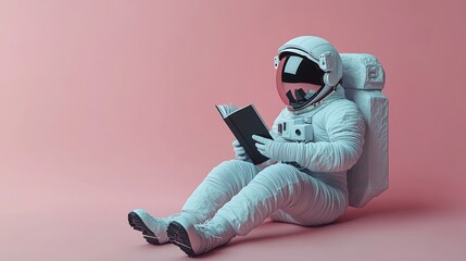 Astronaut reading book in pink space environment creative illustration futuristic concept playful imagery