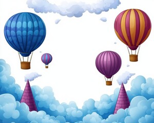Naklejka premium Vibrant Hot Air Balloons Float Among Puffy Clouds in Clear Blue Sky - Colorful Whimsical Cartoon Landscape of Balloon Adventure with Conical Trees