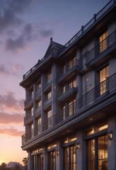 Obraz premium The hotel's facade gazing out at a serene dawn sky, sky, hotel, cliff