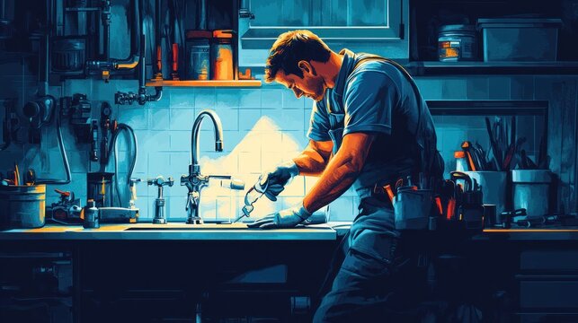 Plumber repairing a sink in a dimly lit workshop.