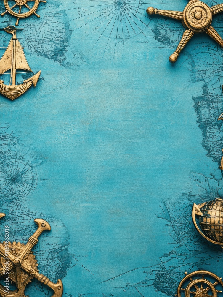 Leinwandbilder Nautical map background with anchors and compass decorative elements on blue texture. Generative AI