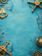 Nautical map background with anchors and compass decorative elements on blue texture. Generative AI © Anat art