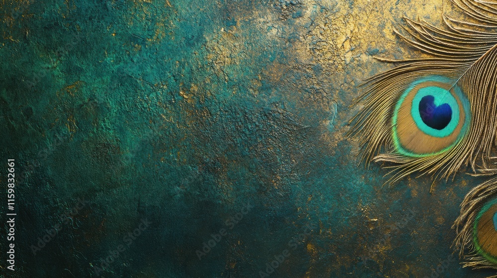 Poster close up view of a peacock feather showcasing intricate textures and vibrant colors against a textur