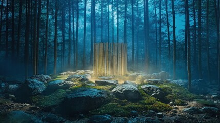 Obraz premium Mystical glowing structure in a dark forest.