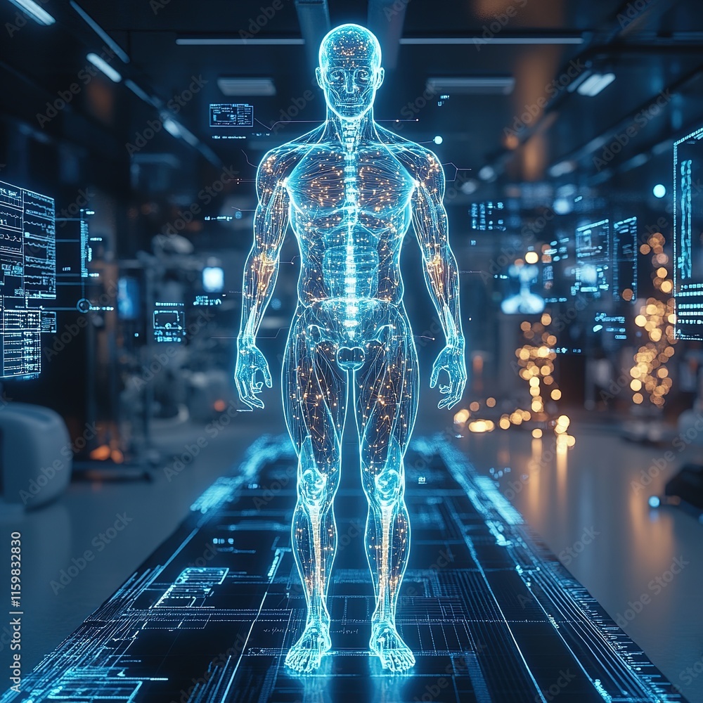 Poster exploring human anatomy through digital visualization in a high-tech laboratory environment