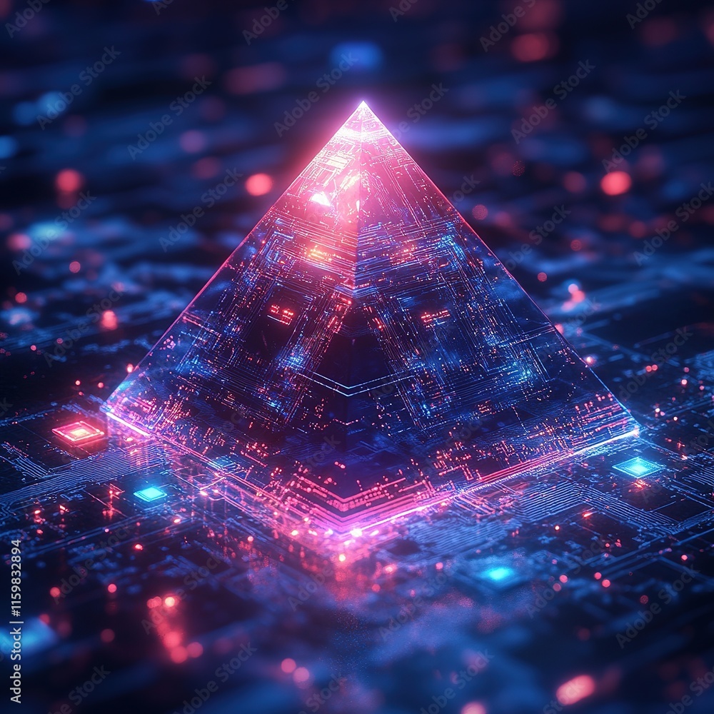 Poster digital pyramid structure glowing in cybernetic landscape futuristic technology art virtual reality 