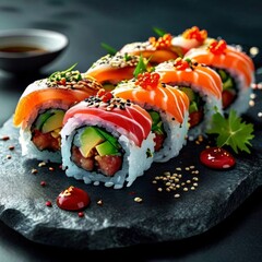 Gourmet sushi arrangement with vibrant ingredients, showcasing culinary artistry. Ideal for use in food blogs, restaurant menus, and marketing materials celebrating Japanese gastronomy.