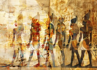 Ancient Egyptian hieroglyphs, figures, procession.