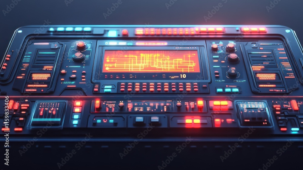 Aufkleber futuristic synthesizer with glowing controls and digital display.