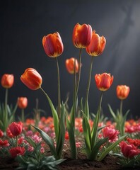 Fototapeta premium Tulip stems bending under the weight of blooming flowers, petals, beauty