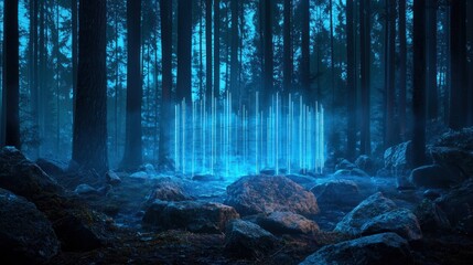 Obraz premium Ethereal blue light pillars in a dark forest.