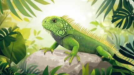 Green iguana perched on a rock in lush jungle foliage.