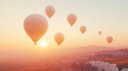 Obraz premium Hot Air Balloons Floating Above Scenic Landscape at Sunrise