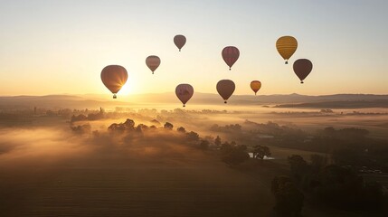 Naklejka premium Hot Air Balloons Floating Over Scenic Sunrise Landscape