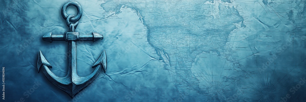 Fototapete Nautical chart features an anchor beside a textured map with ample space for text or design elements. Generative AI