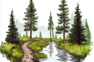Tranquil forest hiking trail watercolor illustration with reflections in a calm stream
