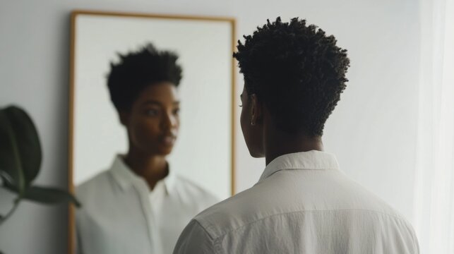 Young professional practicing public speaking skills in front of a mirror. Featuring presentation notes and reflection