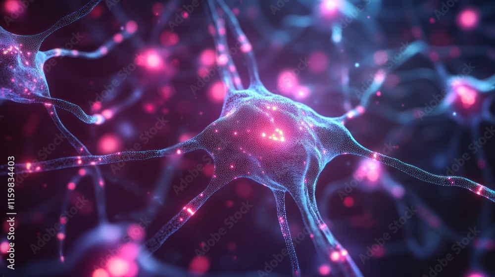 Poster microscopic view of glowing neuron network.