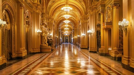 Elegant Gold-Finished Hallway with Luxurious Lighting and Architecture