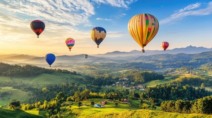 Naklejka premium Hot Air Balloons Over Scenic Green Valley at Sunrise