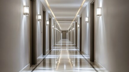 Obraz premium Modern Hotel Corridor with Elegant Lighting and Polished Flooring