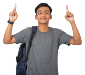 Young college student pointing with finger presenting on white background