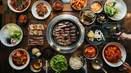 Korean BBQ table with grilled meats, kimchi, and side dishes