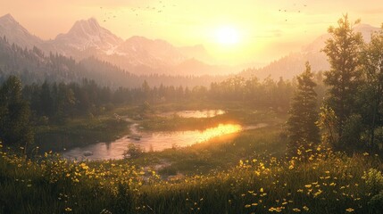 Fototapeta premium Serene sunset over mountain lake and meadow.
