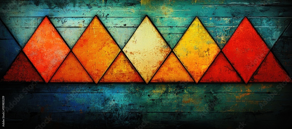 Poster abstract geometric pattern with colorful triangles on a textured blue background.