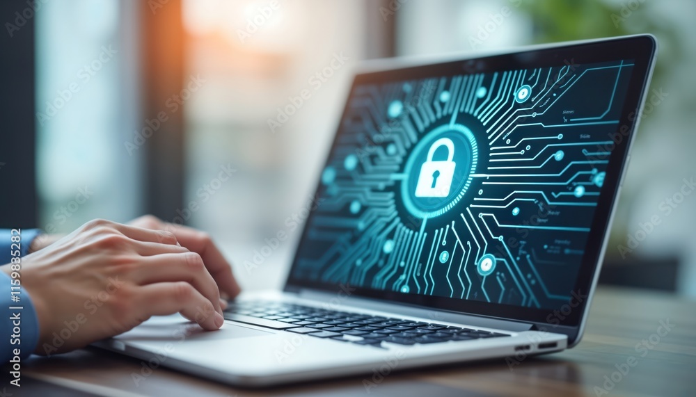 Poster business person types on laptop. screen shows cyber security concept with lock, circuit board. focus