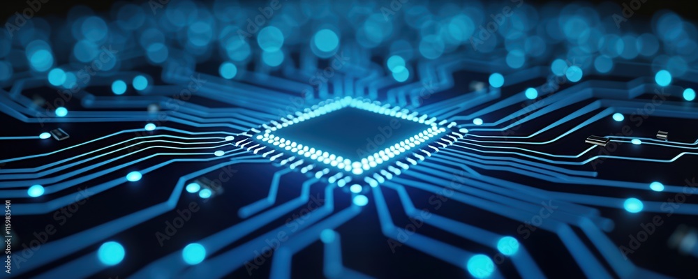 Poster advanced tech circuit board illuminated in vibrant blue light. complex network of interconnected com